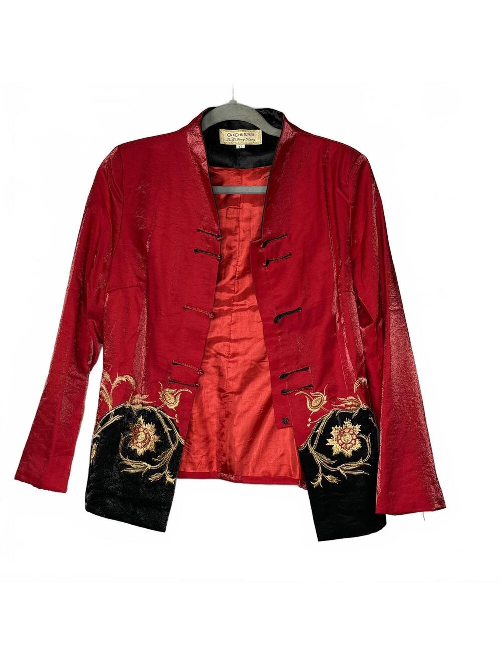 Vintage Satin Embroidered Tang Suit Jacket Red Jacket XL